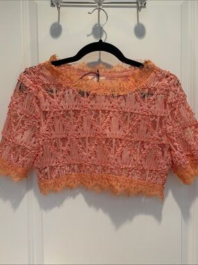 Luxxel Peach textured 3D Lace Crochet Crop Top
